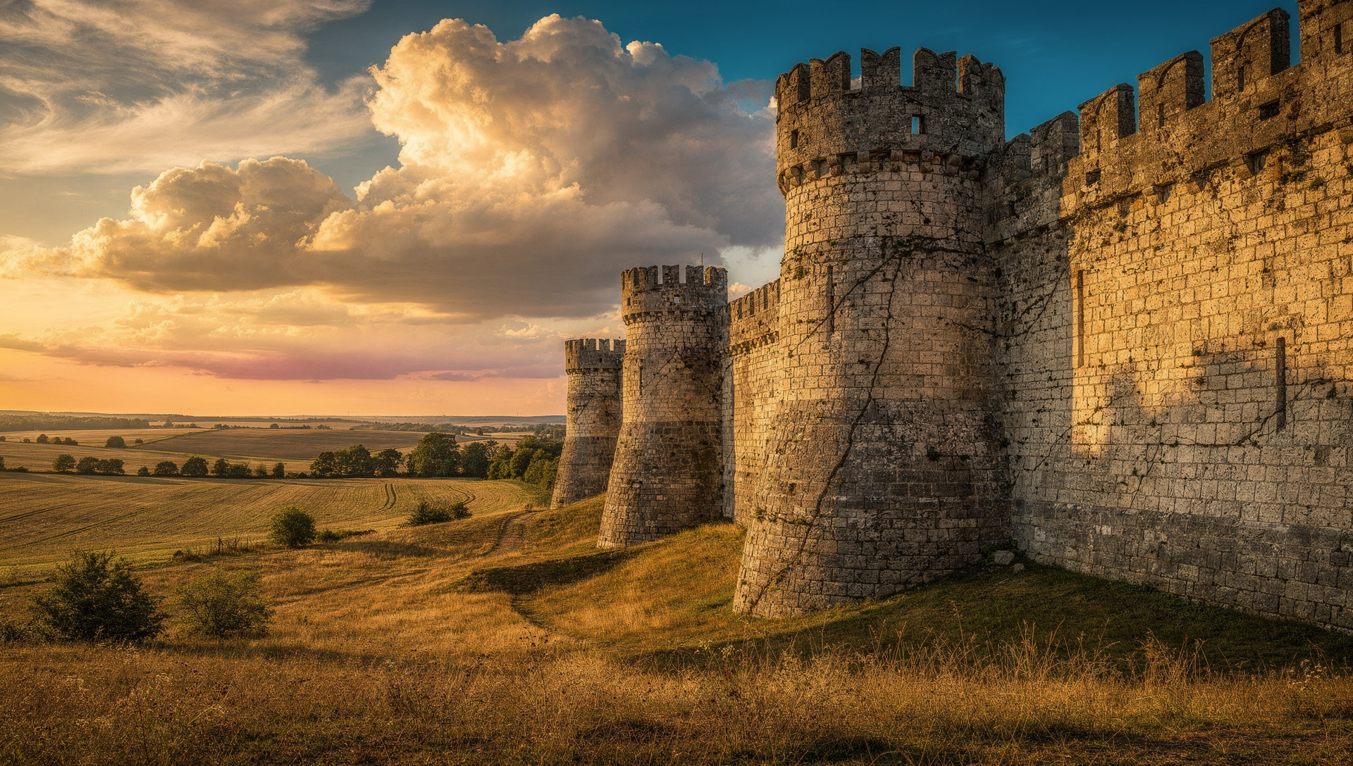 medieval stone fortress walls at golden hour, dramatic sky over Polish plains