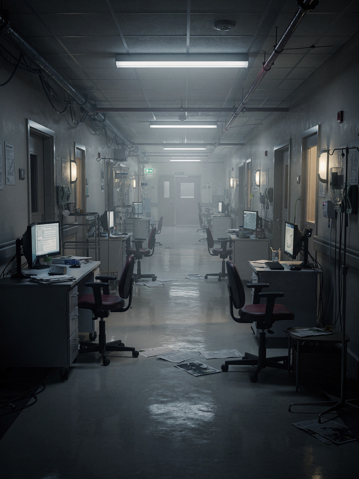 empty hospital corridor at night with dim emergency lighting and abandoned workstations