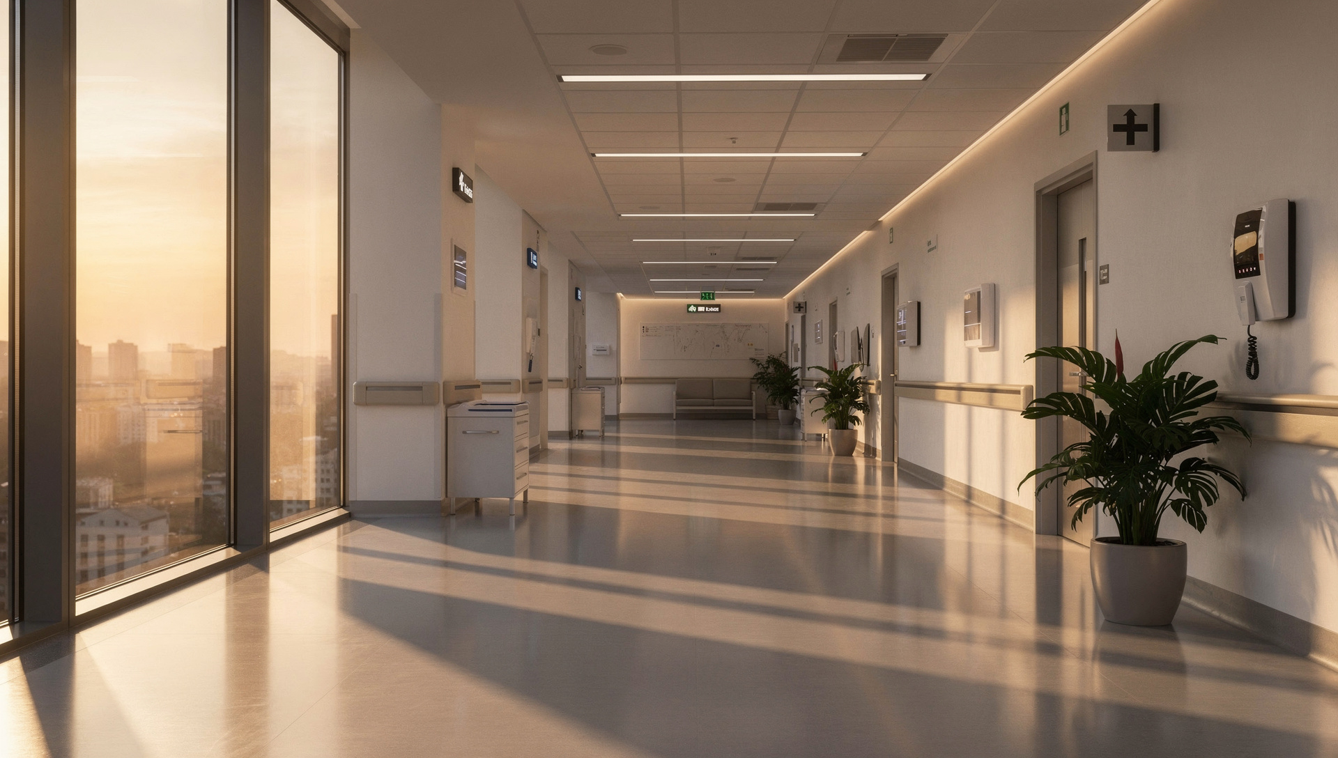 modern hospital corridor with warm morning light streaming through large windows, clean and hopeful atmosphere