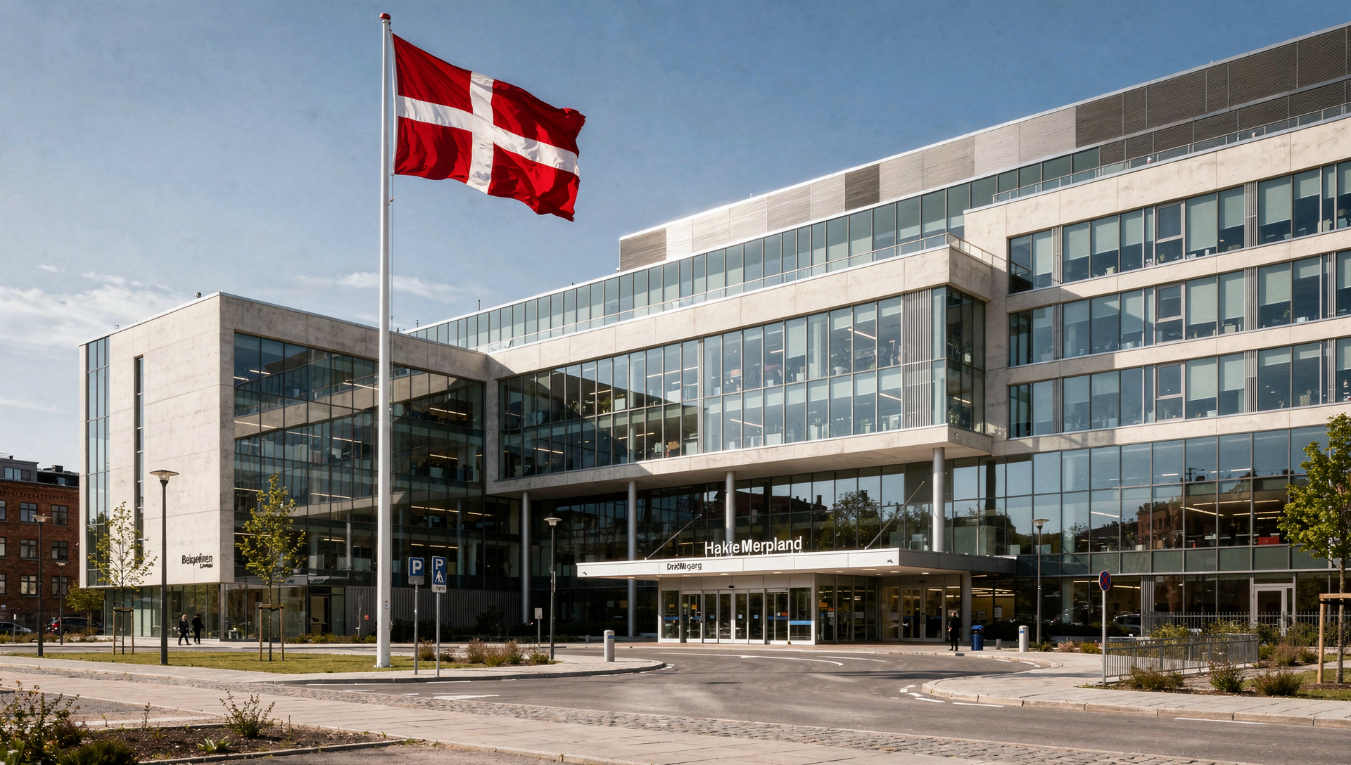 Copenhagen hospital building exterior with Danish flag, modern architecture, clear sky