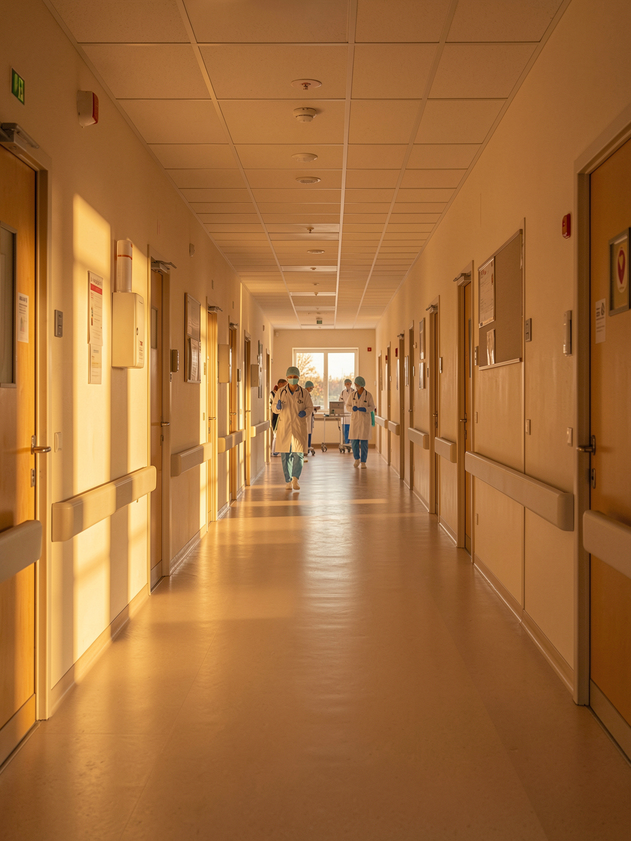 hospital corridor with warm morning light, empty hallway with medical staff walking in distance, Poland