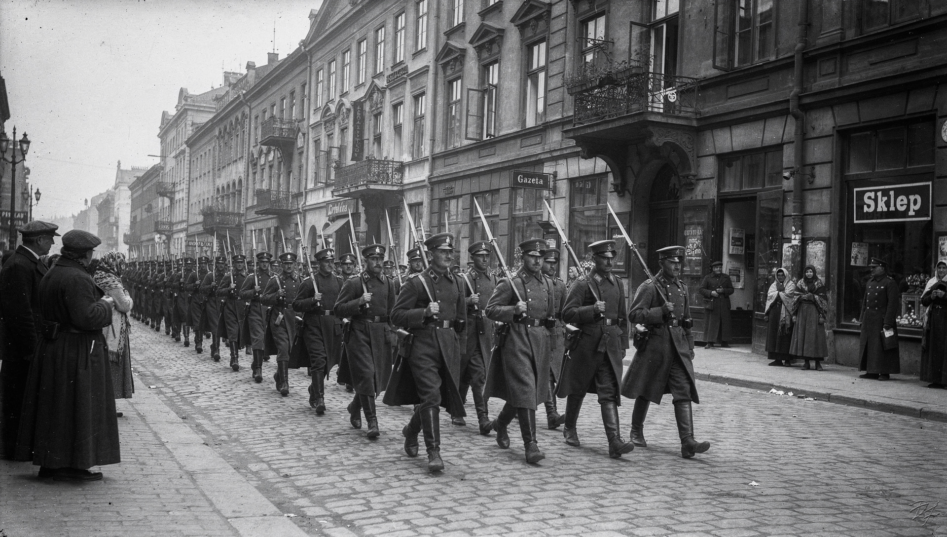 Polish soldiers marching through Warsaw streets in 1920, black and white historical photograph