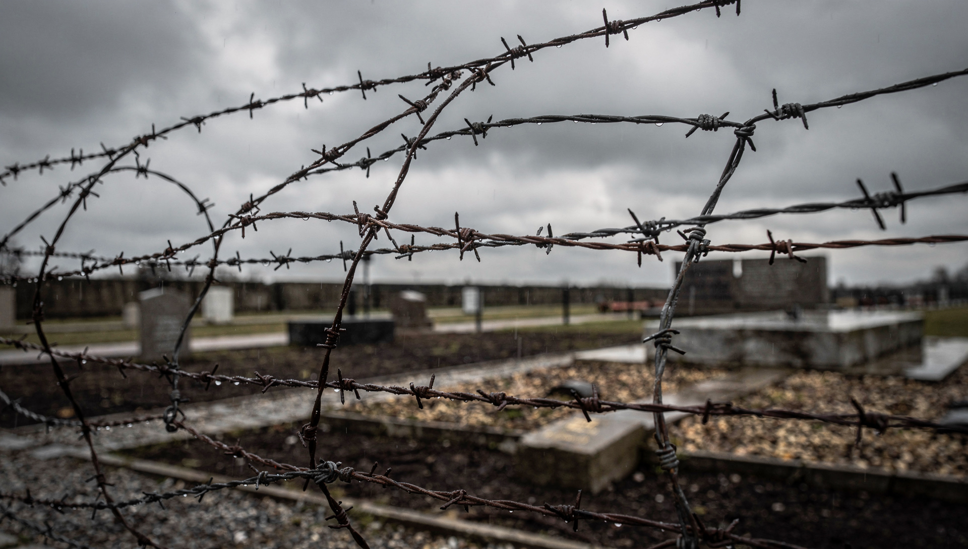 barbed wire fence at a somber memorial site, overcast sky, Poland
