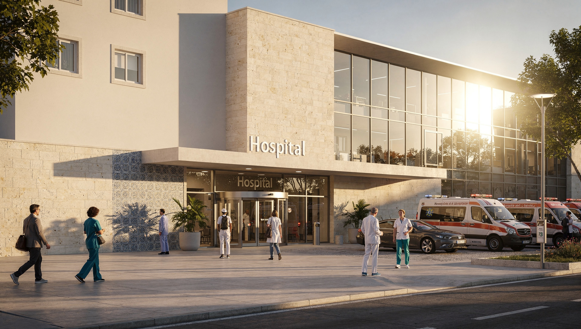 Lisbon hospital entrance with warm afternoon light, Portuguese architecture, healthcare setting
