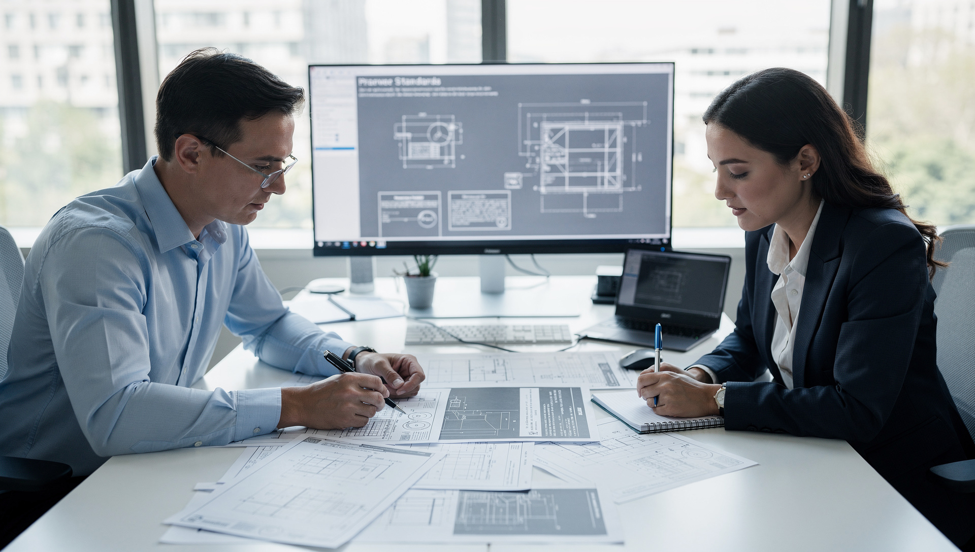 two engineers reviewing technical standards documentation at a modern office desk