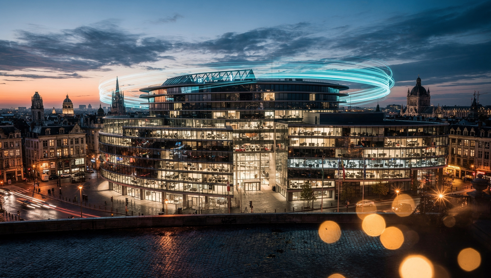 modern European parliament building at dusk with digital light trails over Brussels skyline