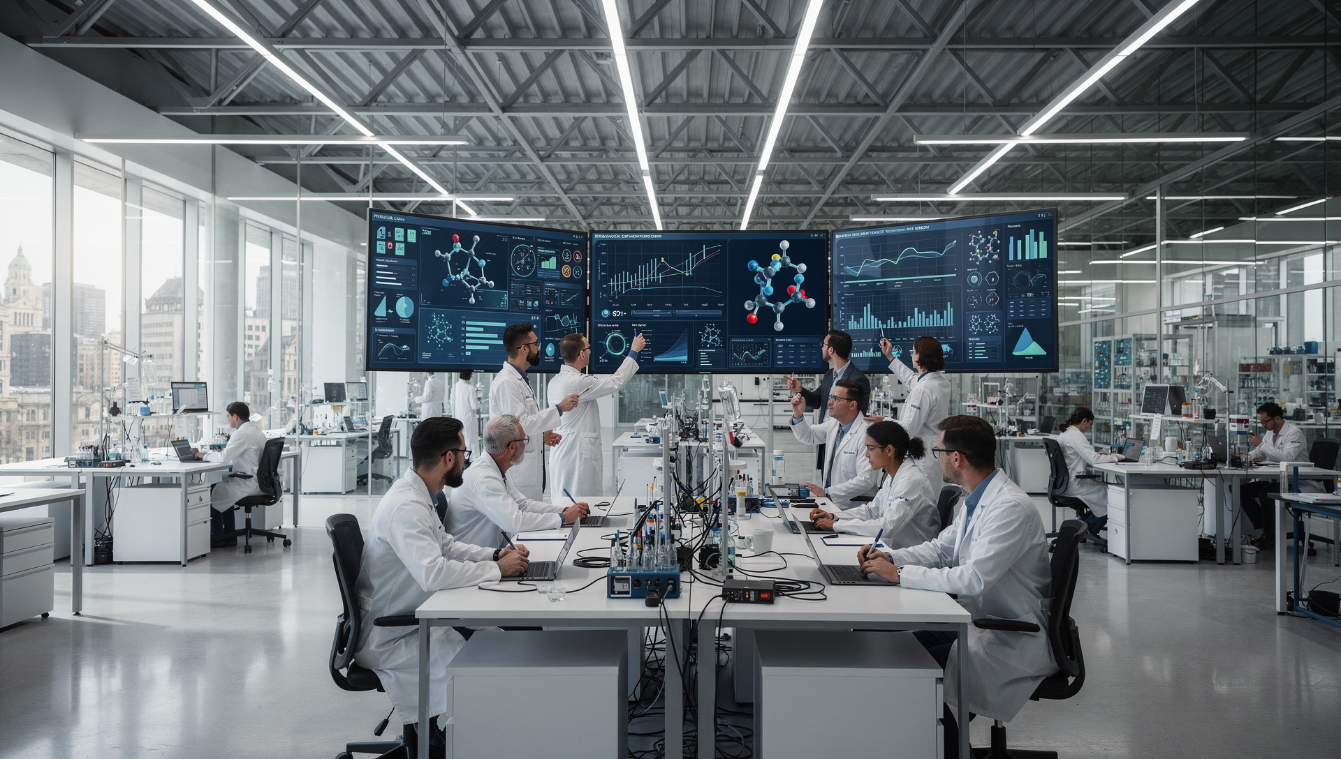 vast European research laboratory with scientists collaborating over data screens
